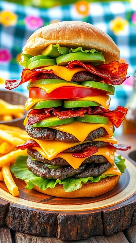 A towering 7-layer burger with beef patties, bacon, avocado, lettuce, tomato, and cheese, served with fries.